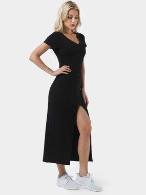 HALARA Black Button-Front Midi Dress with High Slit
